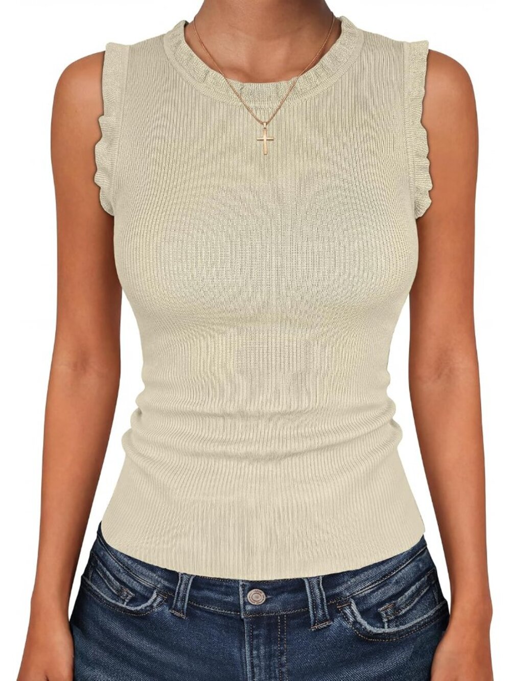 Lightweight Ruffle Collar Ribbed Tank Top for Women - Beautiful Beige Option